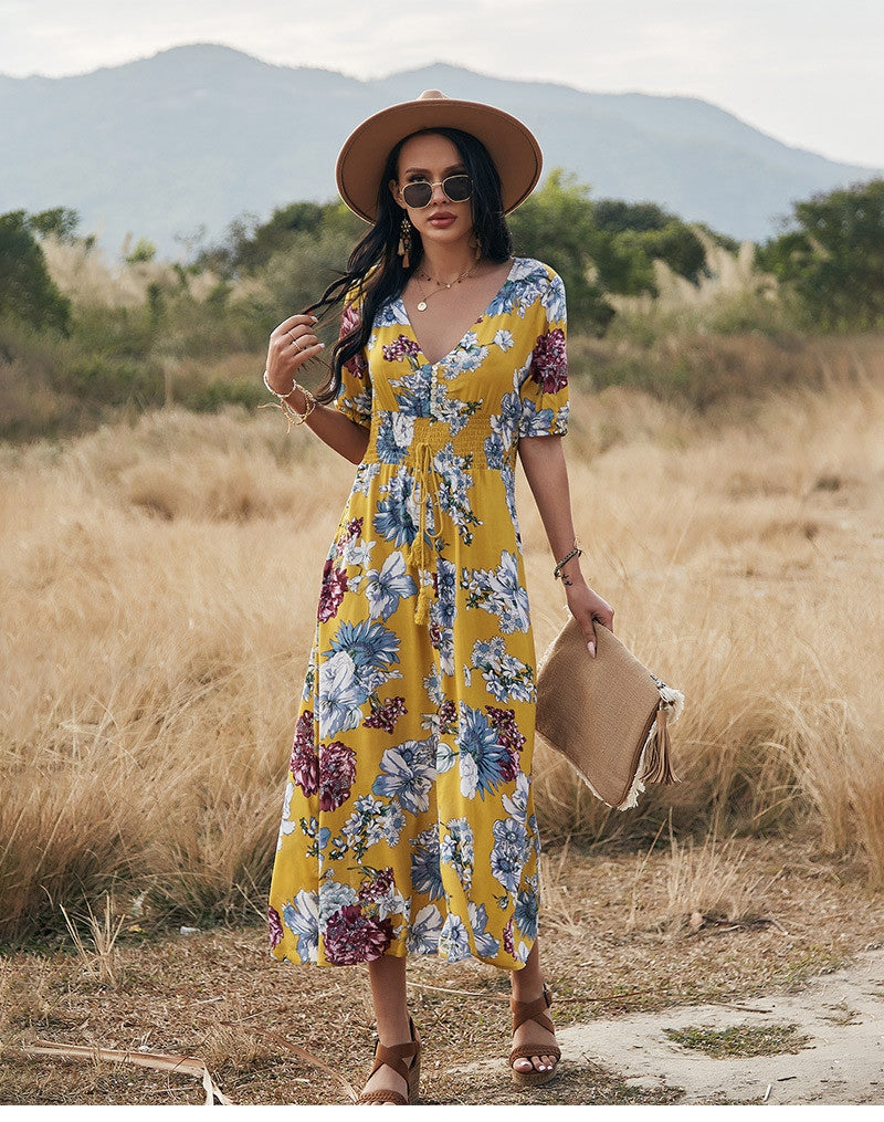 Floral V Neck Maxi Dresses (Yellow) (S ...